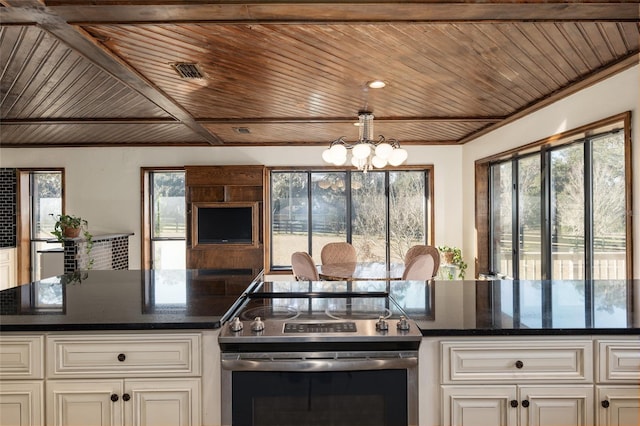 kitchen featuring wooden ceiling, pendant lighting, stainless steel electric range oven, and a chandelier