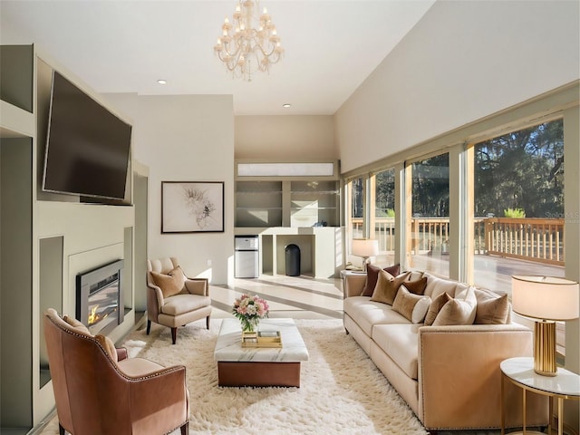 living room featuring an inviting chandelier