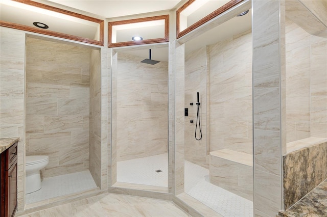 bathroom with tile walls, toilet, vanity, and a tile shower