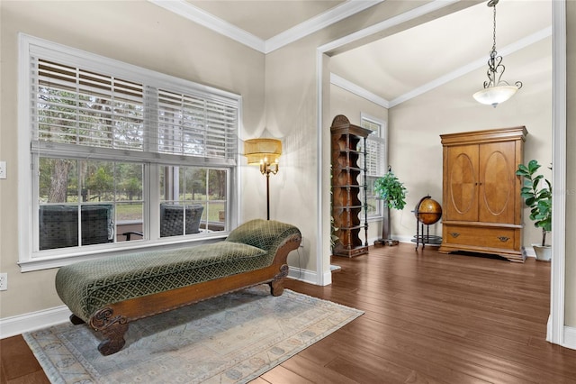 living area featuring ornamental molding and dark wood-type flooring