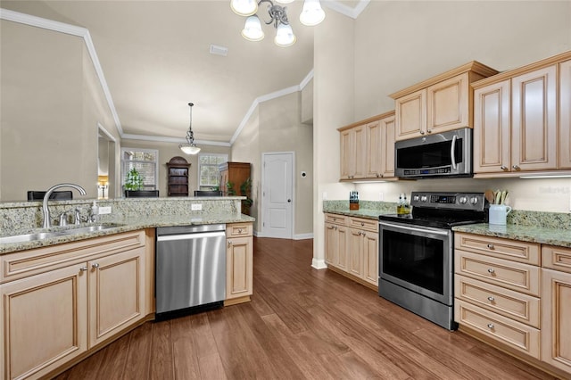 kitchen with appliances with stainless steel finishes, sink, wood-type flooring, light brown cabinets, and pendant lighting