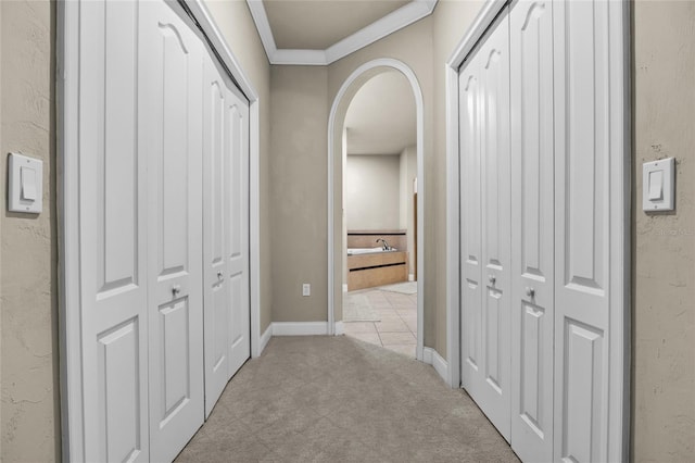 hall featuring light carpet and crown molding