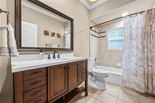 full bathroom with tile patterned floors, toilet, shower / tub combo with curtain, vanity, and ornamental molding