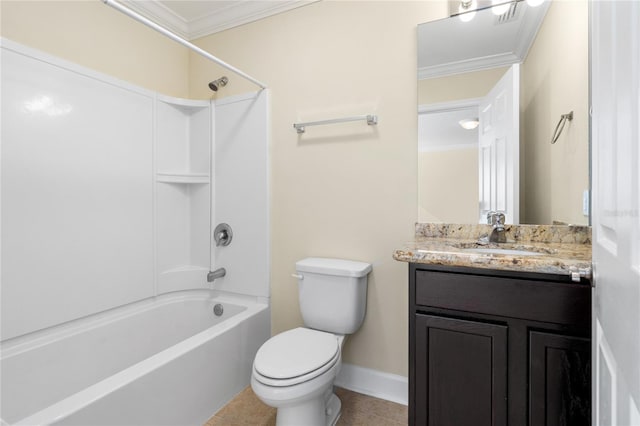 full bathroom featuring tile patterned floors, toilet, bathtub / shower combination, and ornamental molding