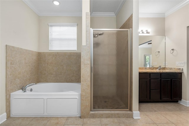 bathroom with separate shower and tub, tile patterned flooring, and ornamental molding