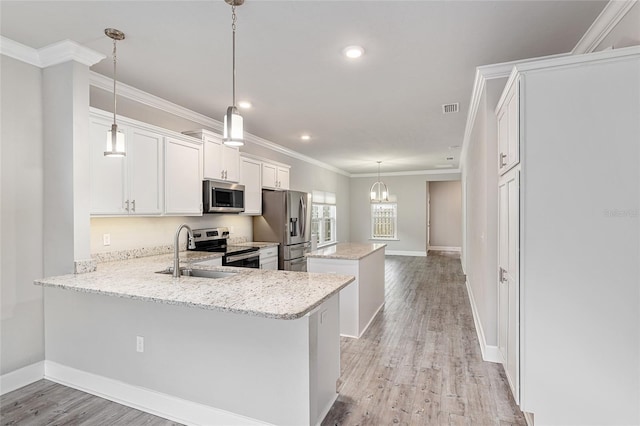 kitchen featuring kitchen peninsula, decorative light fixtures, stainless steel appliances, and white cabinetry