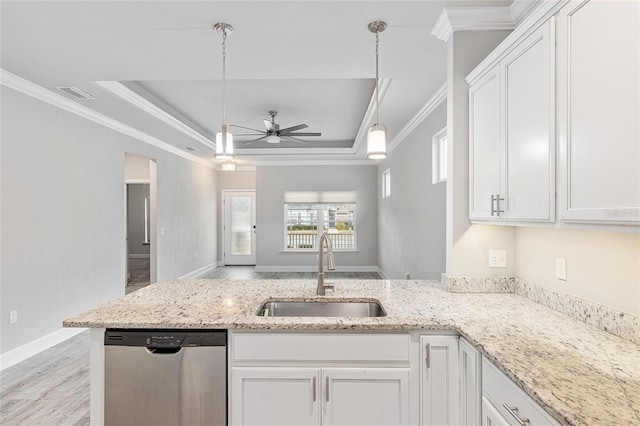 kitchen featuring white cabinetry, dishwasher, ceiling fan, sink, and crown molding