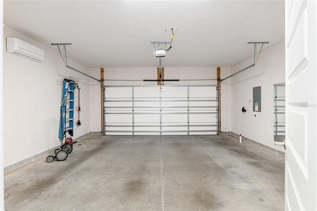 garage with electric panel, a garage door opener, and a wall unit AC