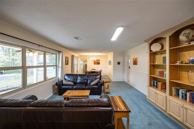 living room with carpet, a textured ceiling, and crown molding