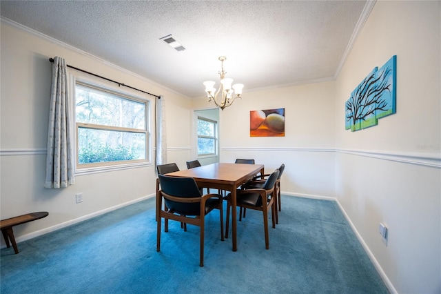 carpeted dining room with a wealth of natural light, a notable chandelier, and ornamental molding