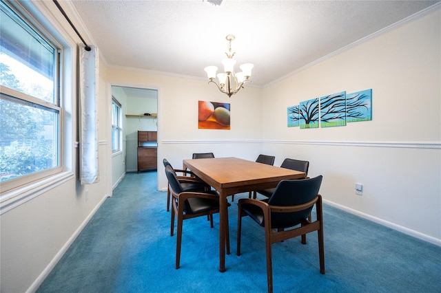 carpeted dining room featuring an inviting chandelier and ornamental molding