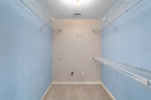 walk in closet featuring light carpet