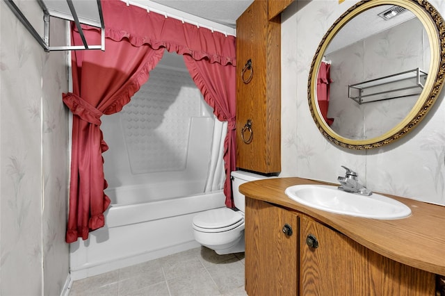 full bathroom with a textured ceiling, vanity, shower / bathtub combination, and toilet