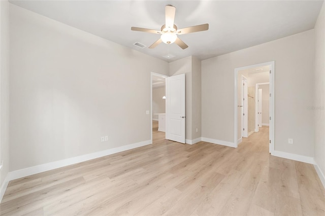 unfurnished bedroom with ceiling fan and light hardwood / wood-style flooring