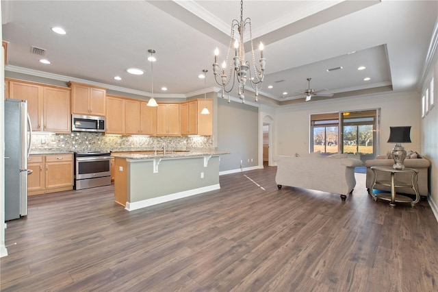 kitchen with light stone countertops, a kitchen breakfast bar, light brown cabinetry, stainless steel appliances, and a raised ceiling