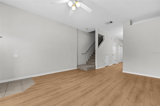 unfurnished living room with ceiling fan and light hardwood / wood-style flooring