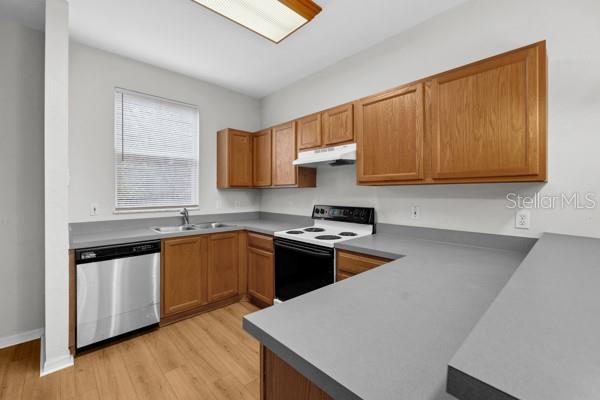 kitchen with white range with electric stovetop, sink, stainless steel dishwasher, and light hardwood / wood-style floors