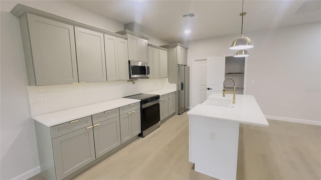 kitchen featuring sink, stainless steel appliances, tasteful backsplash, pendant lighting, and gray cabinets