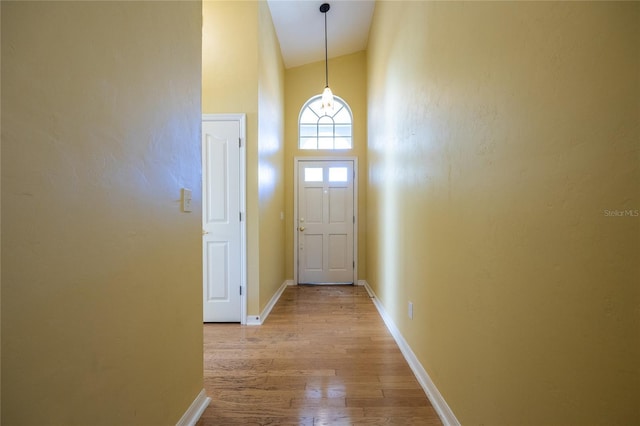 doorway with light hardwood / wood-style flooring and high vaulted ceiling