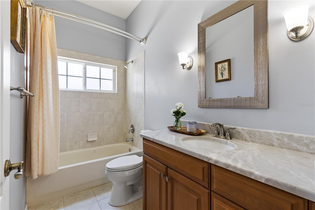 bathroom featuring tile patterned flooring, shower / tub combo, toilet, and vanity