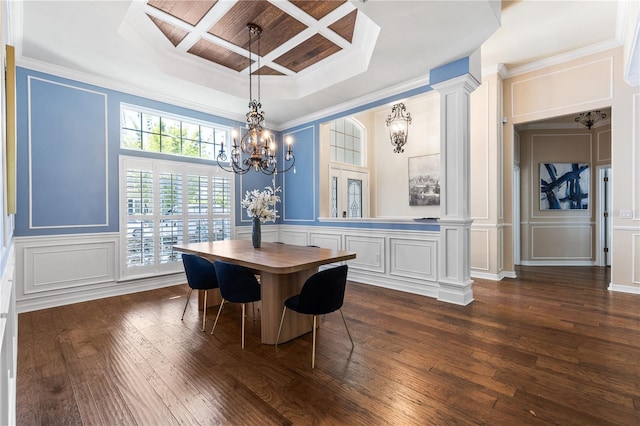 dining space with dark wood-type flooring, a chandelier, coffered ceiling, and a decorative wall