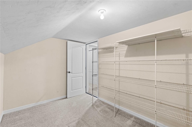 interior space featuring lofted ceiling and carpet flooring