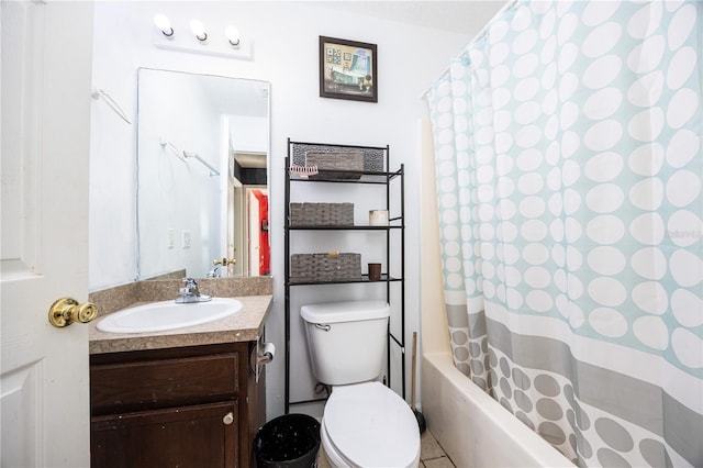 full bathroom with tile patterned floors, vanity, toilet, and shower / tub combo with curtain