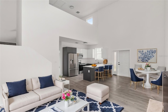 living room with wood-type flooring, a towering ceiling, and sink