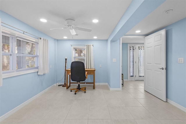 tiled office with ceiling fan