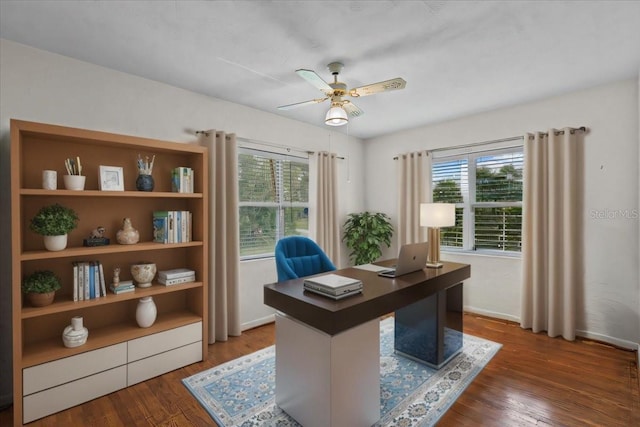 office with ceiling fan, dark wood-type flooring, and a wealth of natural light