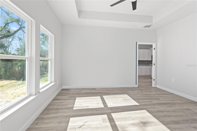 spare room featuring a raised ceiling, ceiling fan, and light wood-type flooring