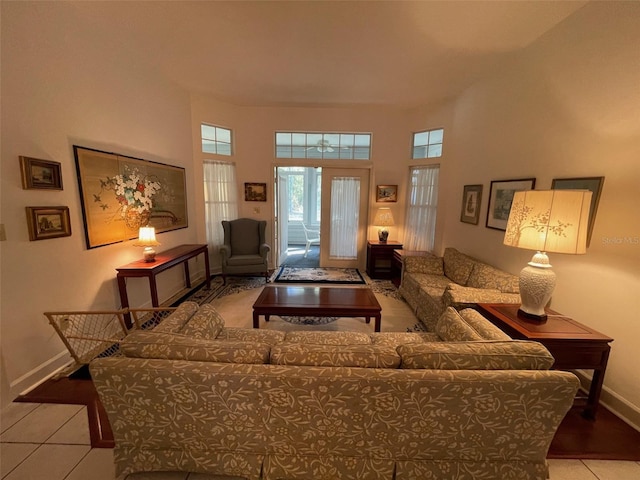 living room featuring a high ceiling