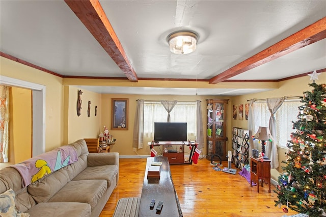 living room featuring light wood-type flooring and beam ceiling