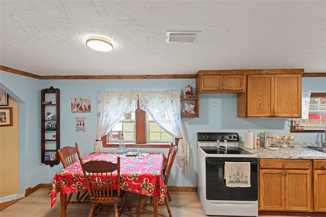 kitchen featuring range with electric cooktop, sink, a wealth of natural light, and a textured ceiling