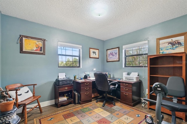 office space featuring wood-type flooring and a textured ceiling