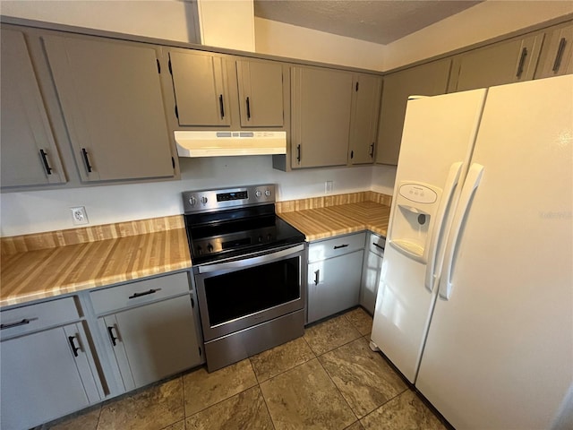 kitchen with gray cabinets, white fridge with ice dispenser, and electric stove