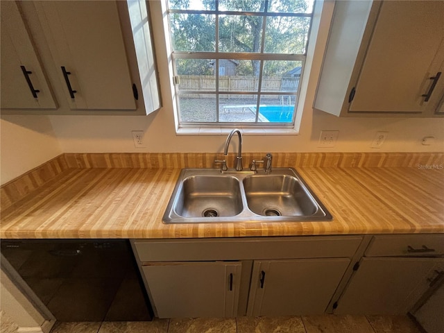 kitchen featuring gray cabinetry, dishwasher, and sink