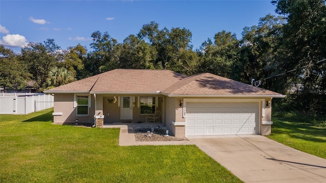 single story home featuring a front lawn, covered porch, and a garage