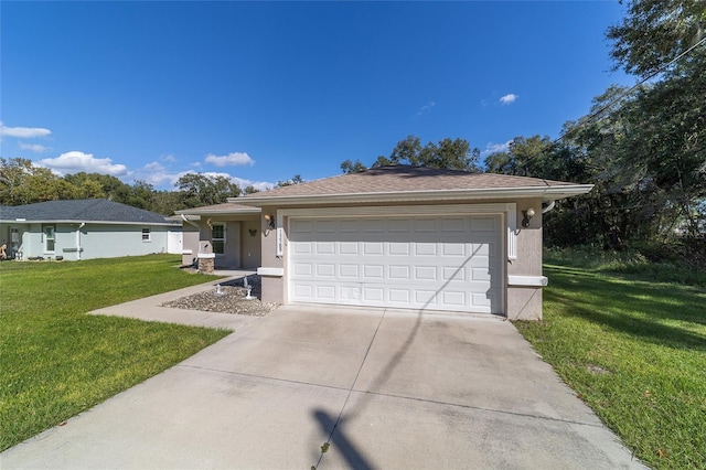 ranch-style house with a front yard and a garage