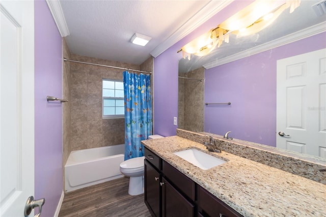 full bathroom with crown molding, wood-type flooring, toilet, vanity, and shower / tub combo