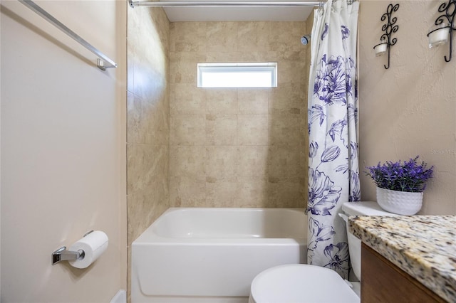 full bathroom with shower / bath combo, toilet, and vanity