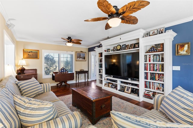 living room with hardwood / wood-style flooring, ceiling fan, and ornamental molding