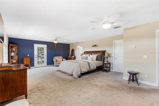 carpeted bedroom featuring ceiling fan and access to outside