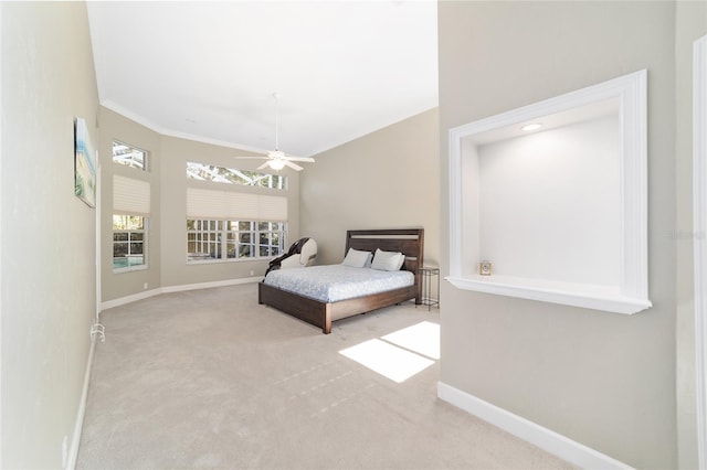 bedroom with light carpet and ceiling fan