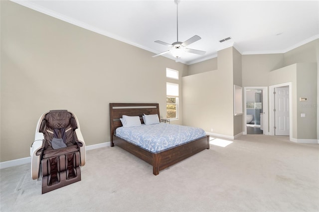 bedroom featuring ceiling fan, light colored carpet, and ornamental molding