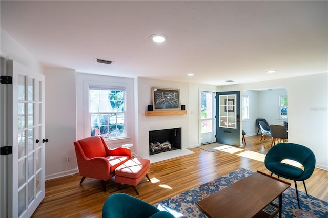 living room featuring hardwood / wood-style floors and a fireplace