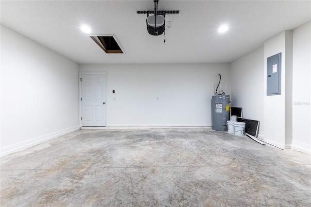 garage with electric water heater, a garage door opener, and electric panel