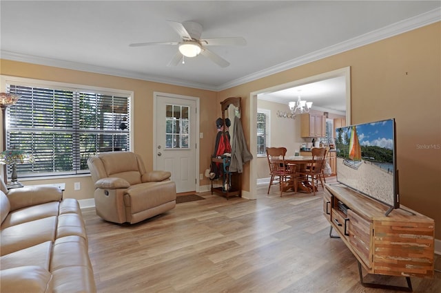 living room with ceiling fan with notable chandelier, light hardwood / wood-style floors, and crown molding