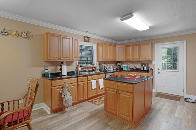 kitchen featuring a center island, sink, stainless steel dishwasher, light wood-type flooring, and ornamental molding