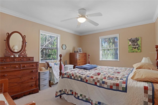 bedroom featuring carpet flooring, ceiling fan, and ornamental molding